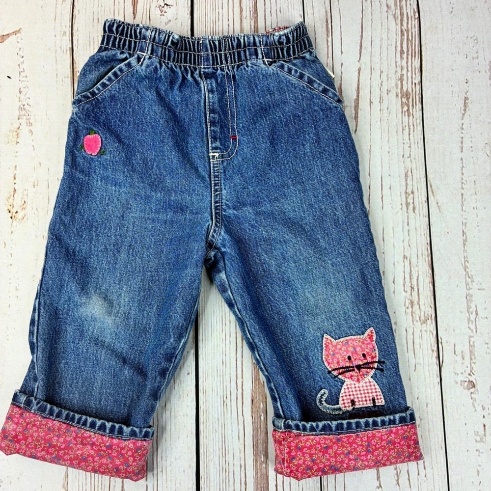 OshKosh Bgosh Kids Blue Denim Jeans Pink Floral Cat Embroidery Size 18 months